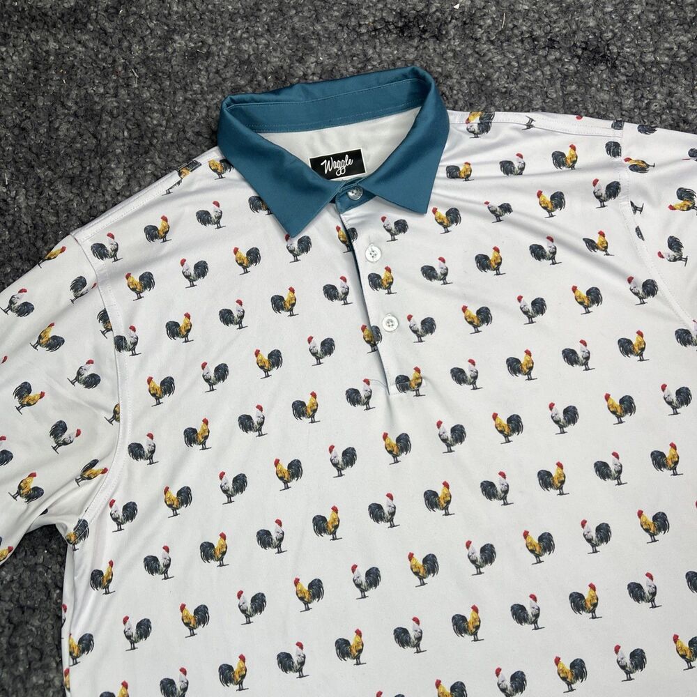 Waggle Polo Shirt Men L White Rooster AOP Golf Stretch Polo EUC